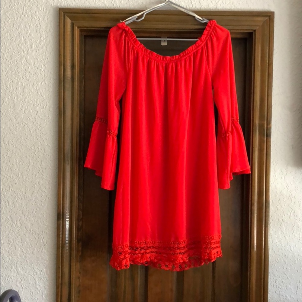 Off the shoulder dress.